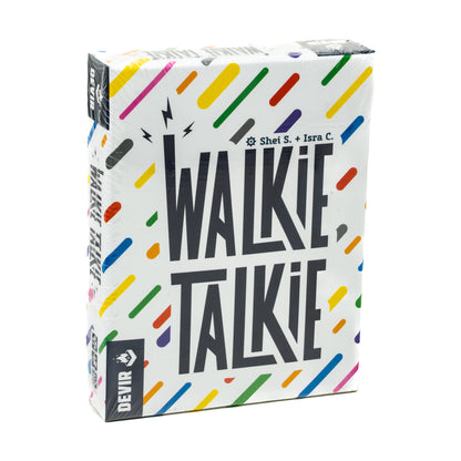 Walkie Talkie card game box by Shei S. and Isra C., white packaging with colorful diagonal stripes and lightning bolt design