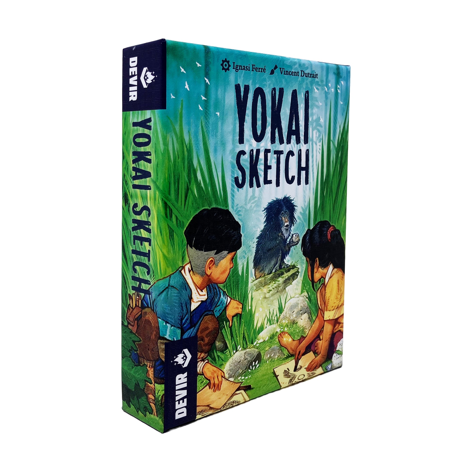 Yokai Sketch Duel Card Game box showing two children drawing while a blue bird creature watches, surrounded by green grass and blue sky