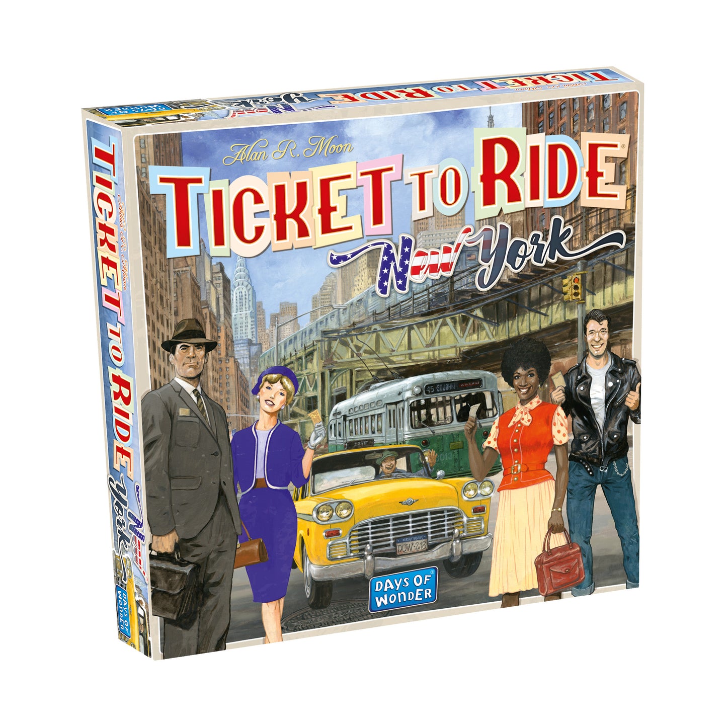 Ticket to Ride: New York board game box featuring illustrated characters, yellow taxi cab, and New York City skyline with bridge