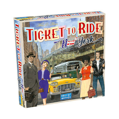 Ticket to Ride: New York board game box featuring illustrated characters, yellow taxi cab, and New York City skyline with bridge