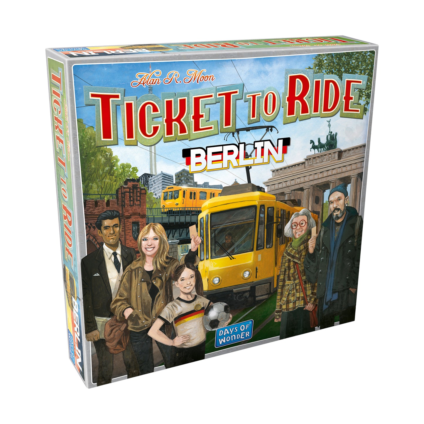 Ticket to Ride: Berlin board game box by Alan R. Moon, featuring illustrated passengers and yellow tram with Brandenburg Gate backdrop