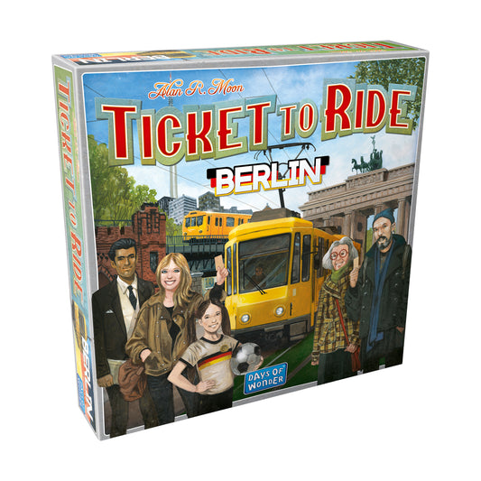 Ticket to Ride: Berlin board game box by Alan R. Moon, featuring illustrated passengers and yellow tram with Brandenburg Gate backdrop