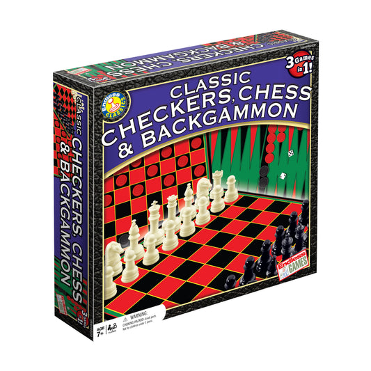 Classic Checkers, Chess & Backgammon board game set with red and black checkerboard, white and black chess pieces, and green backgammon board, 3 games in 1