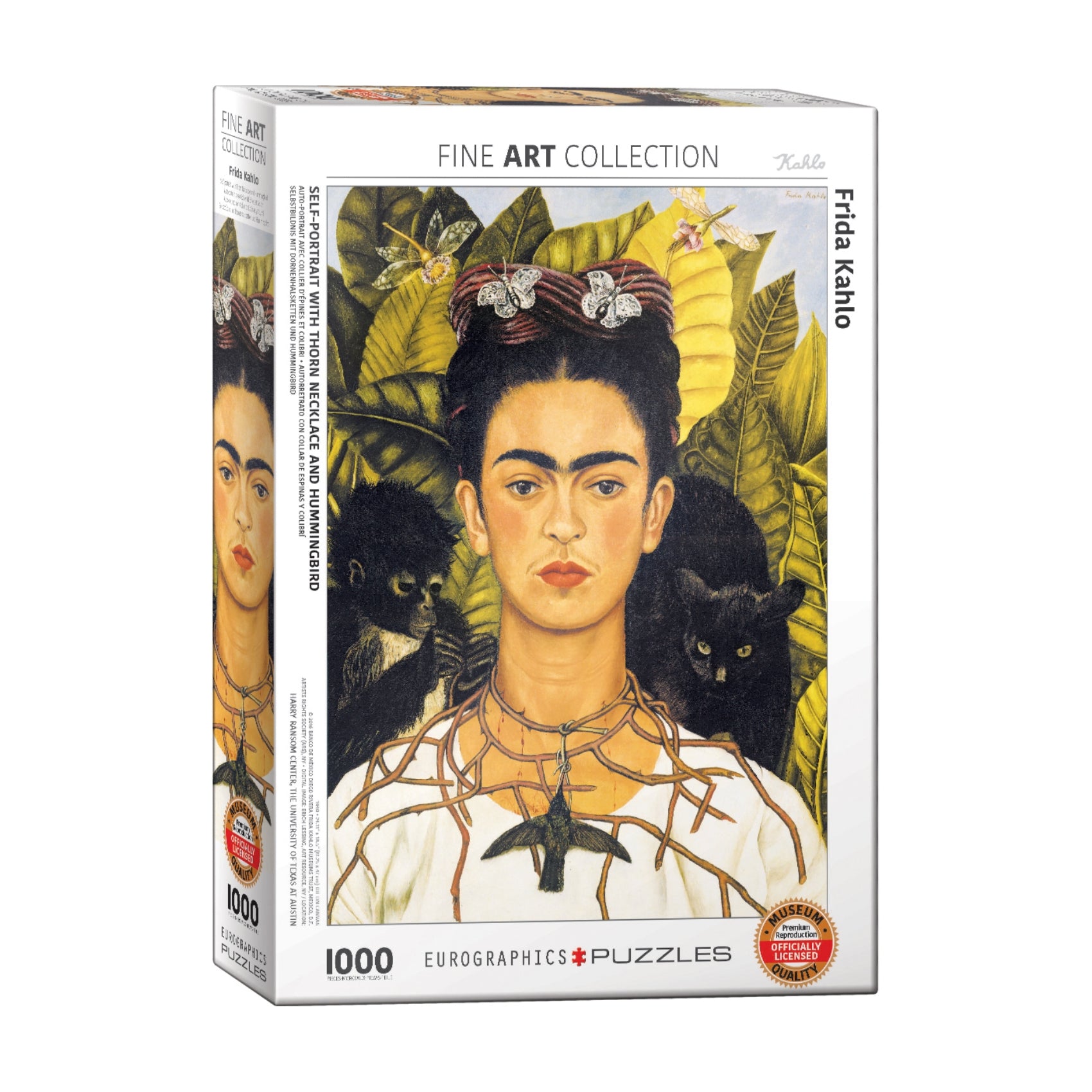 1000-piece EuroGraphics jigsaw puzzle box featuring Frida Kahlo's Self-Portrait with Thorn Necklace and Hummingbird painting