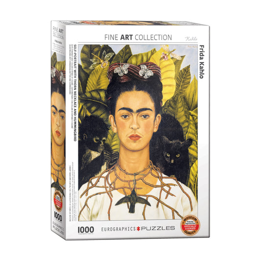 1000-piece EuroGraphics jigsaw puzzle box featuring Frida Kahlo's Self-Portrait with Thorn Necklace and Hummingbird painting