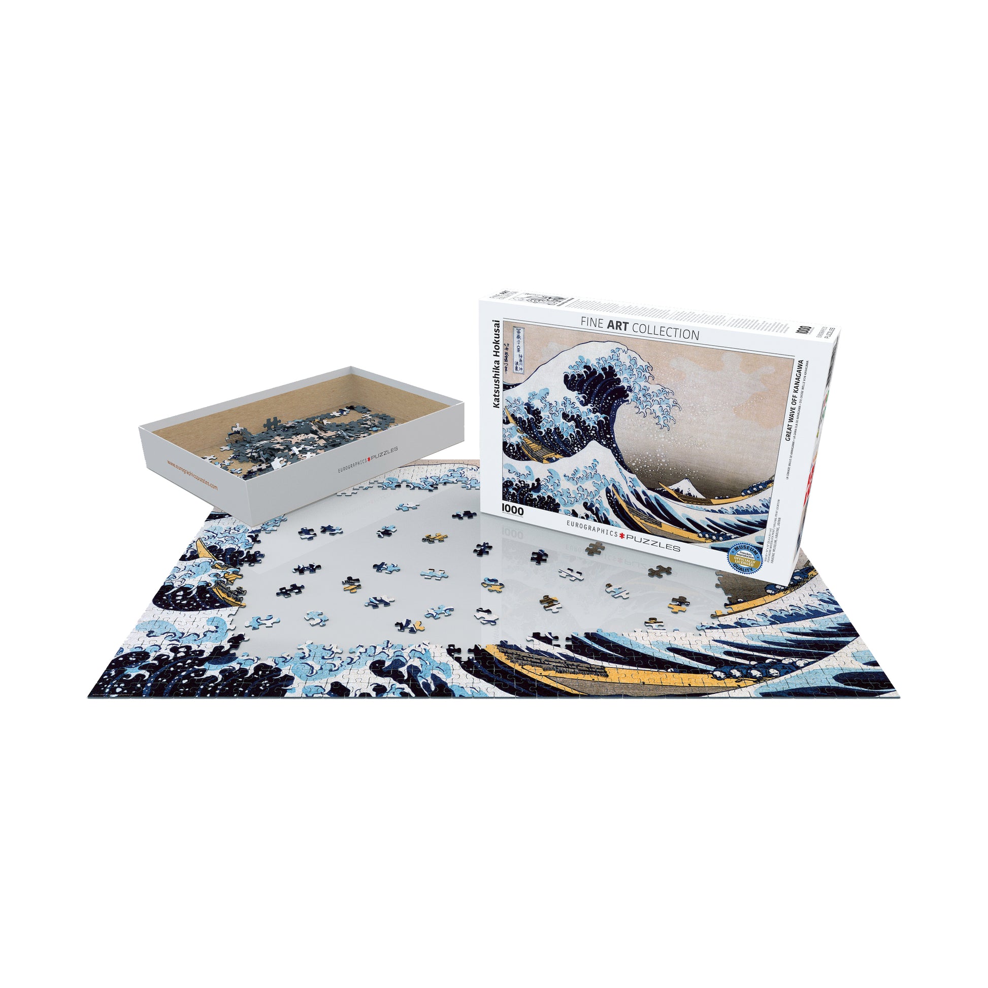 Katsushika Hokusai Great Wave 1000 Piece Puzzle with blue and gold artwork