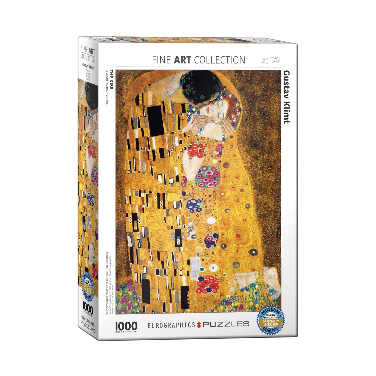 Gustav Klimt The Kiss 1000-piece jigsaw puzzle box featuring gold-toned artwork of two figures in an ornate embrace with decorative patterns