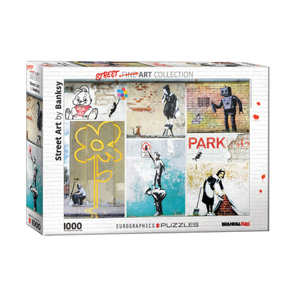 Eurographics Street Art by Banksy 1000-piece jigsaw puzzle box showing collage of Banksy artworks including girl with balloons, yellow flower, figures on walls,