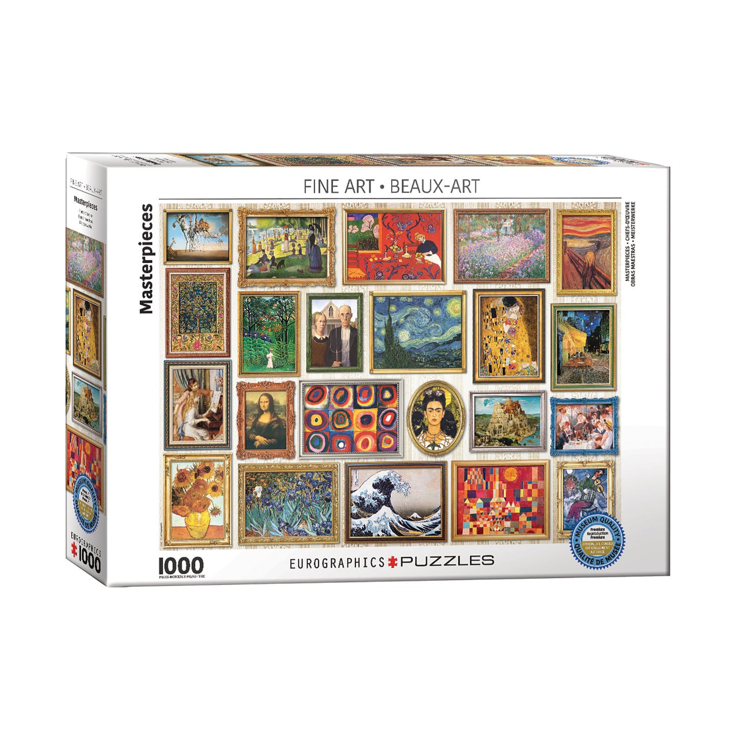 Eurographics Masterpieces Fine Art 1000-piece jigsaw puzzle box featuring a gallery collage of classic paintings including works by Van Gogh, Monet, da Vinci, K
