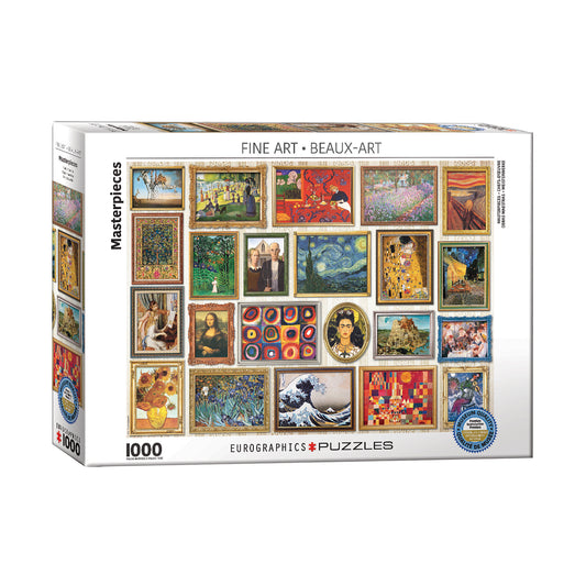 Eurographics Masterpieces Fine Art 1000-piece jigsaw puzzle box featuring a gallery collage of classic paintings including works by Van Gogh, Monet, da Vinci, K