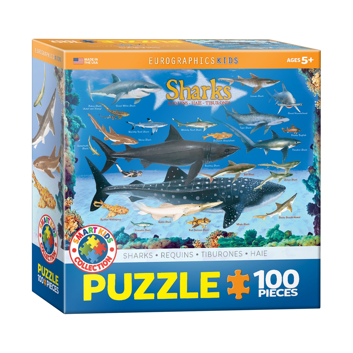 Smart Kids Collection Sharks 100 Piece Puzzle featuring colorful illustrated sharks and marine life