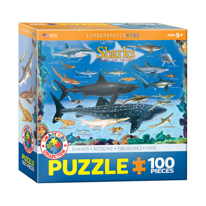 Smart Kids Collection Sharks 100 Piece Puzzle featuring colorful illustrated sharks and marine life