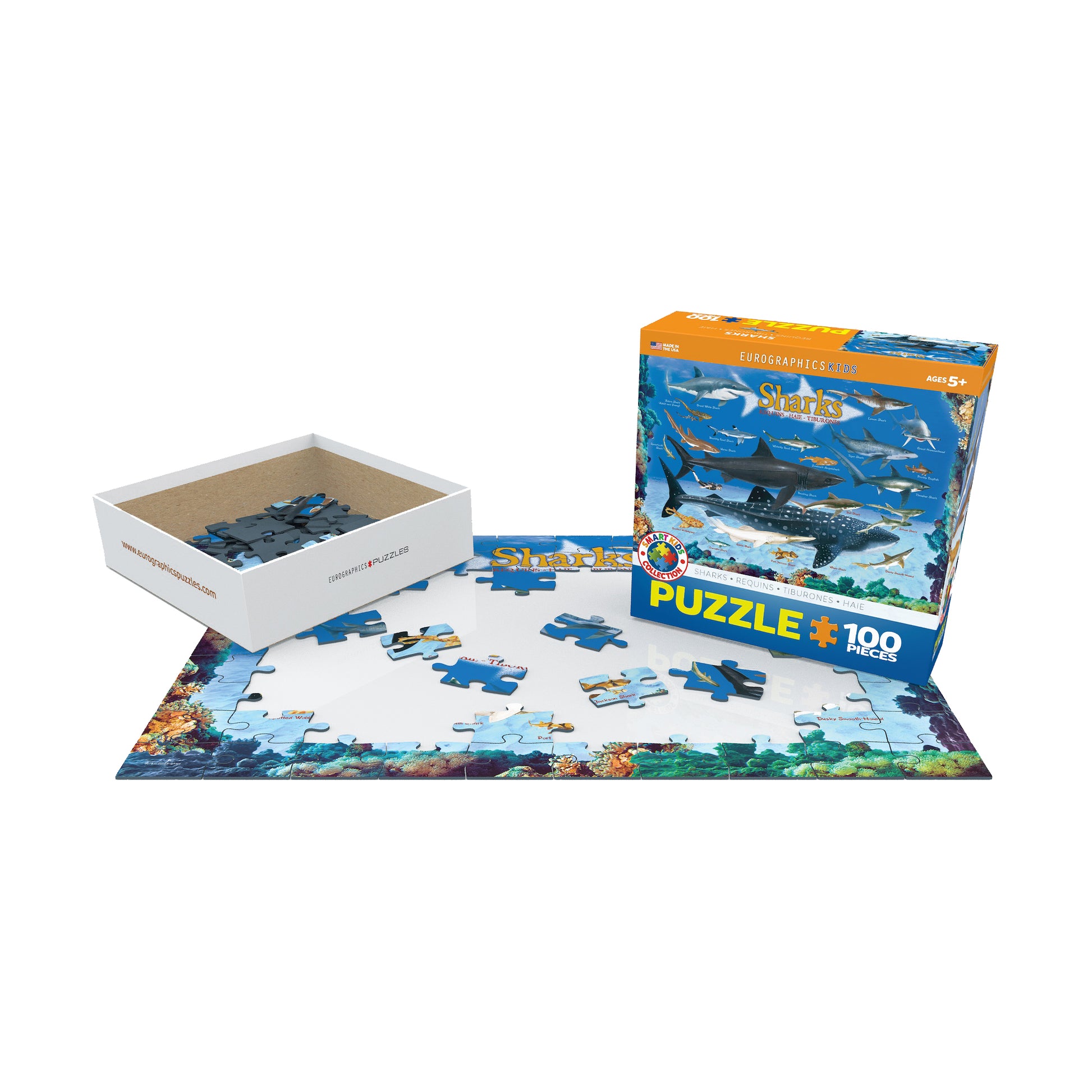 Smart Kids Collection Sharks 100 Piece Puzzle with box, pieces, and completed underwater scene