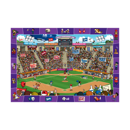 Busy baseball stadium scene with hundreds of cartoon characters, concession stands, and players on field during League Championship Final game