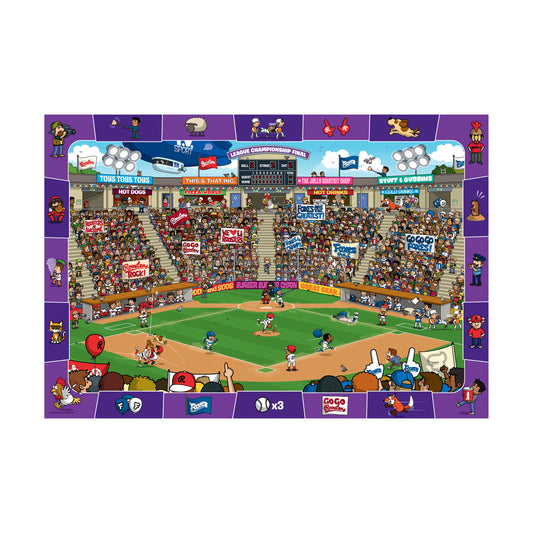 Busy baseball stadium scene with hundreds of cartoon characters, concession stands, and players on field during League Championship Final game