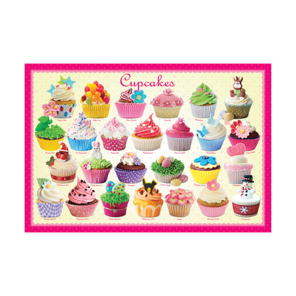 Cupcakes puzzle box featuring 30 illustrated cupcake designs with different frosting colors, toppings, and decorative elements on a cream background with bright