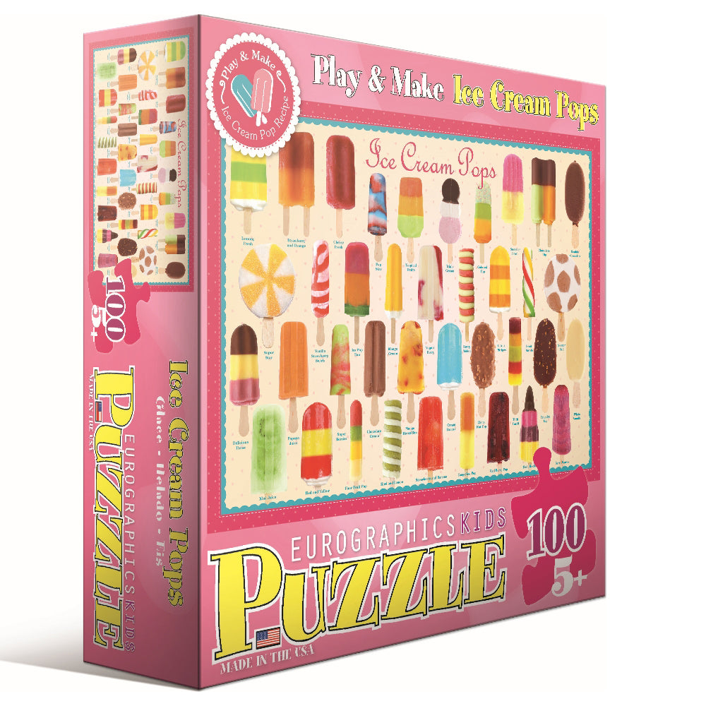 Play & Make Ice Cream Pops 100-piece puzzle box featuring colorful illustrated ice cream popsicles on cream background, pink packaging