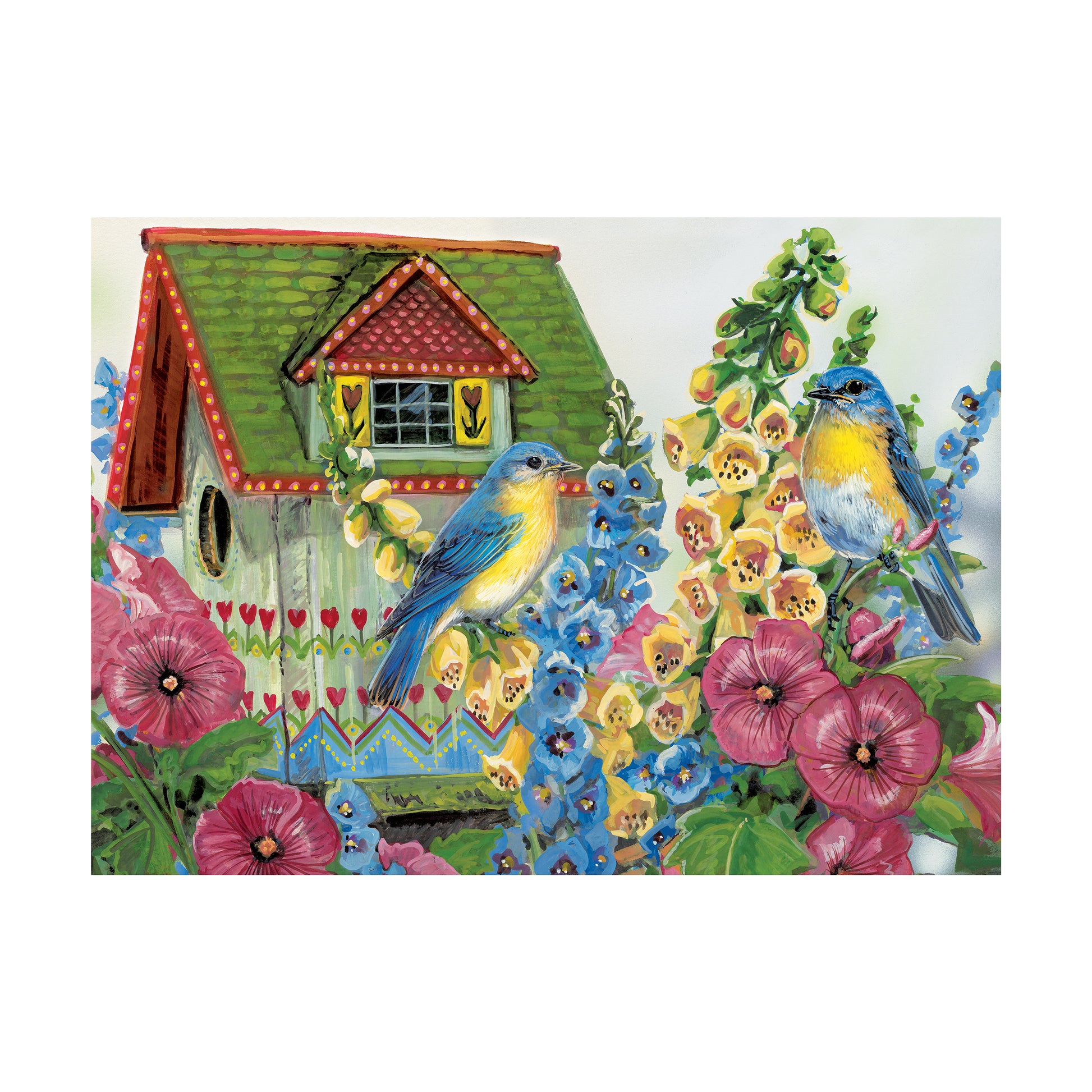 Colorful illustration of a whimsical birdhouse surrounded by blooming flowers and two blue birds with yellow breasts perched among pink poppies, yellow sunflowe