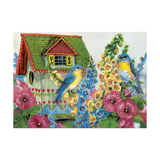 Colorful illustration of a whimsical birdhouse surrounded by blooming flowers and two blue birds with yellow breasts perched among pink poppies, yellow sunflowe