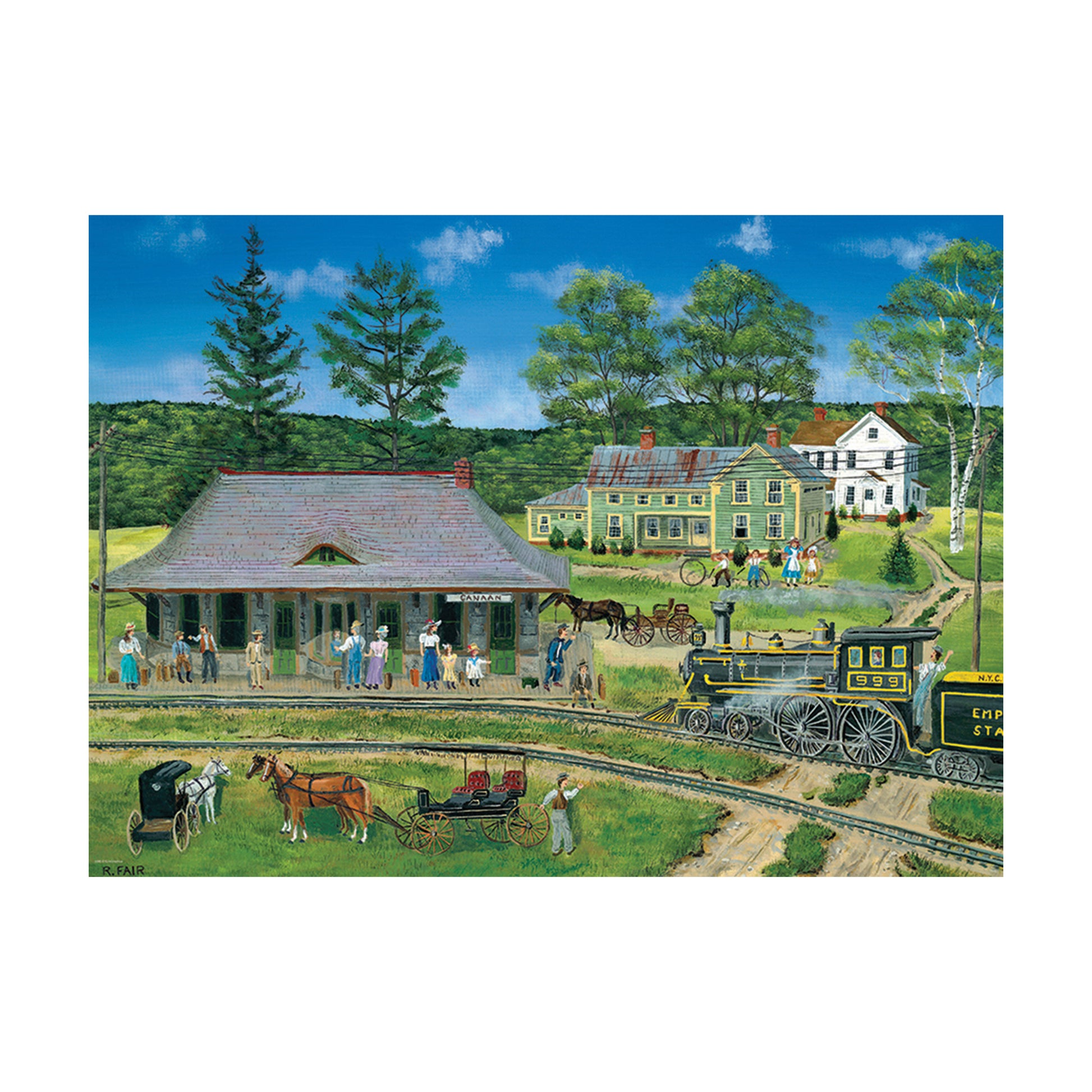 Vintage illustration of a 19th-century train station with steam locomotive, horse-drawn carriages, and people in period clothing gathered outside a station hous