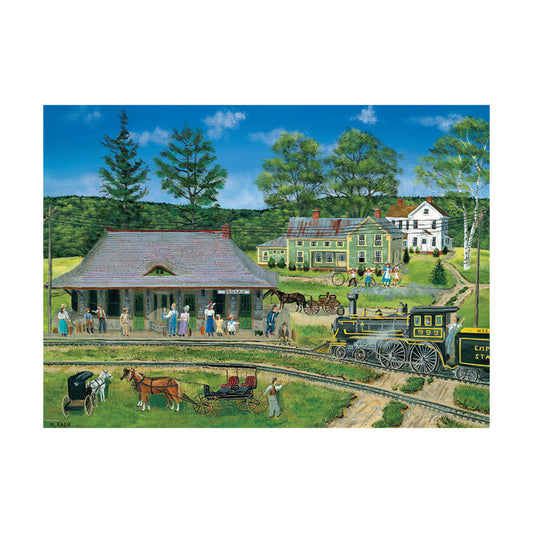 Vintage illustration of a 19th-century train station with steam locomotive, horse-drawn carriages, and people in period clothing gathered outside a station hous