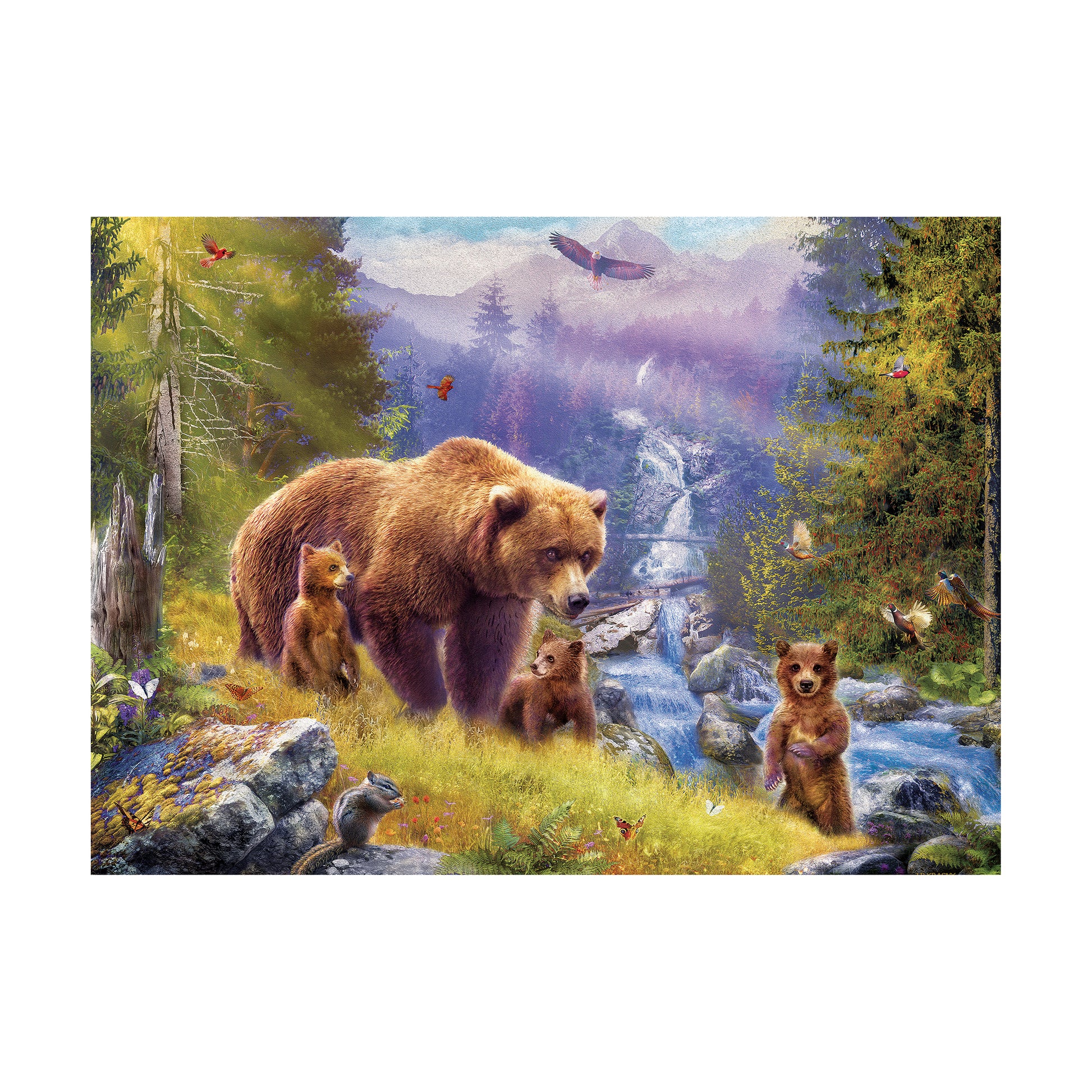 Illustrated forest scene with a mother bear and three cubs in a meadow beside a stream, surrounded by tall trees, mountains, birds, and small woodland animals