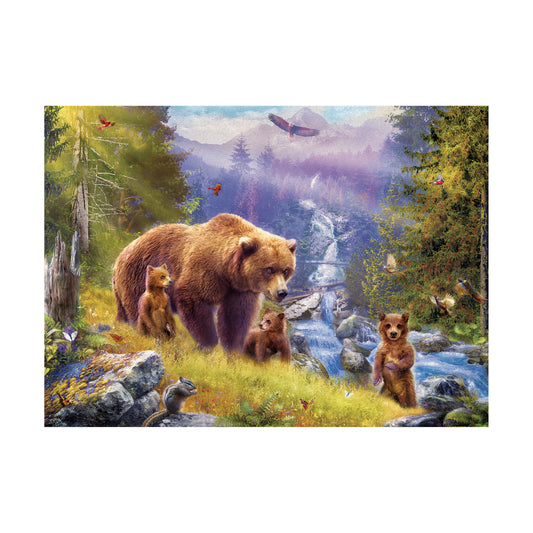 Illustrated forest scene with a mother bear and three cubs in a meadow beside a stream, surrounded by tall trees, mountains, birds, and small woodland animals