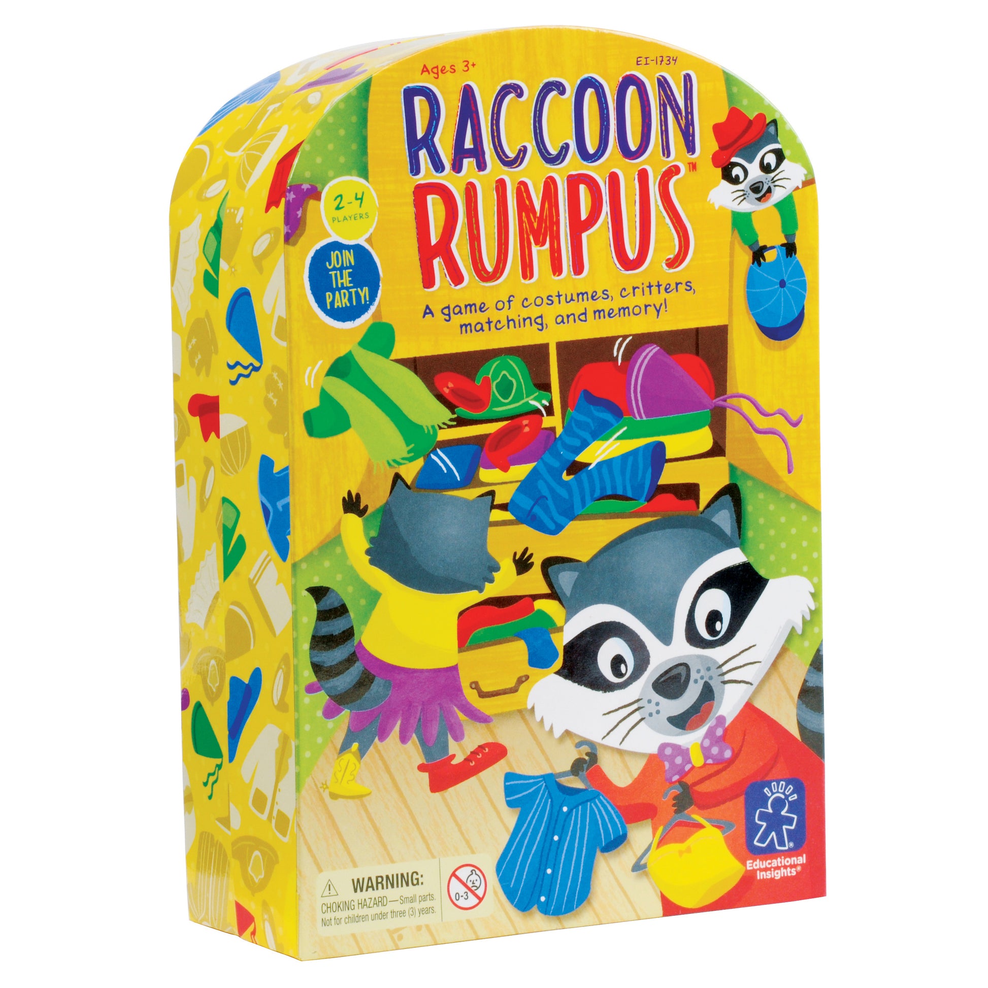 Raccoon Rumpus board game box featuring colorful raccoon characters in costumes, described as a game of matching, critters, and memory for ages 3+