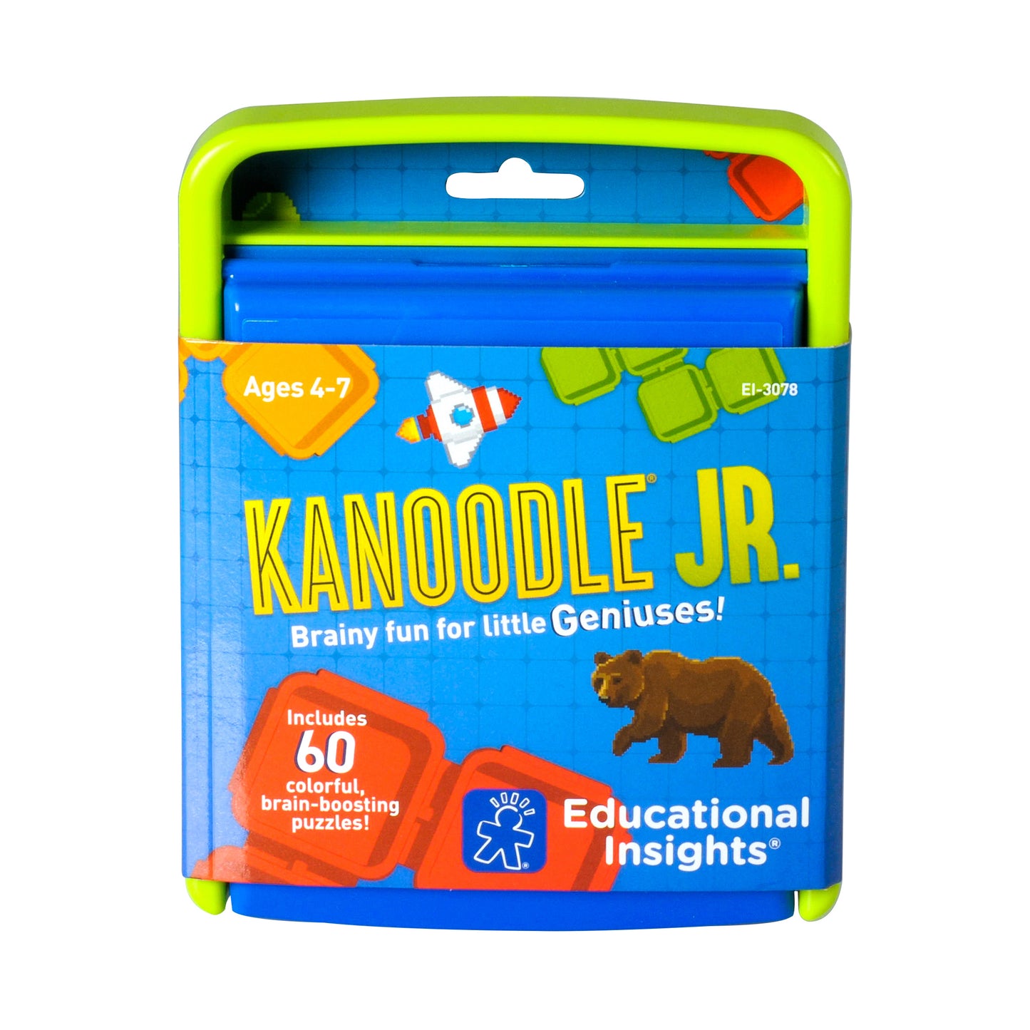 Kanoodle Jr. puzzle game package with blue and lime-green casing, showing ages 4-7, 60 puzzles included, Educational Insights brand
