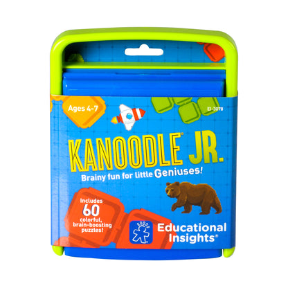 Kanoodle Jr. puzzle game package with blue and lime-green casing, showing ages 4-7, 60 puzzles included, Educational Insights brand