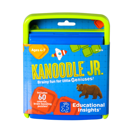 Kanoodle Jr. puzzle game package with blue and lime-green casing, showing ages 4-7, 60 puzzles included, Educational Insights brand