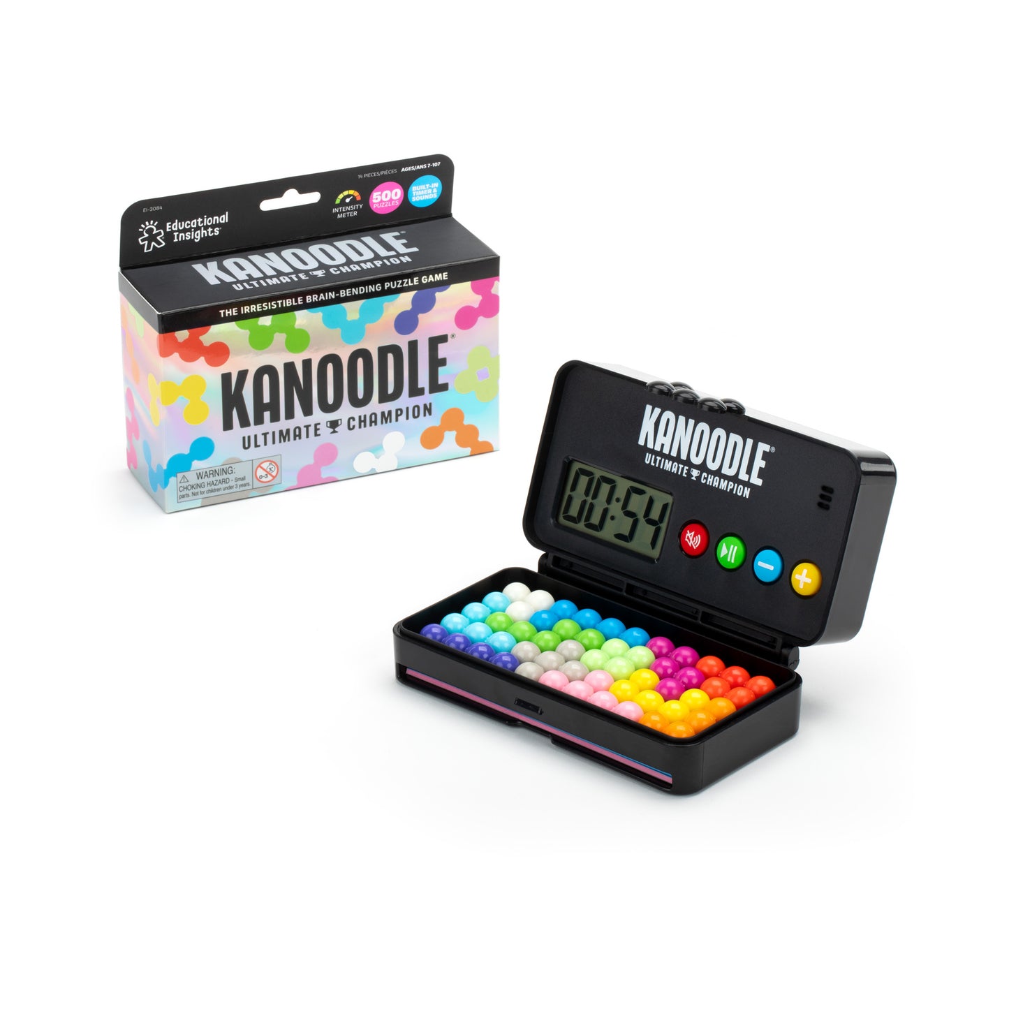 Kanoodle Ultimate Champion puzzle game with colorful pegs and digital timer display