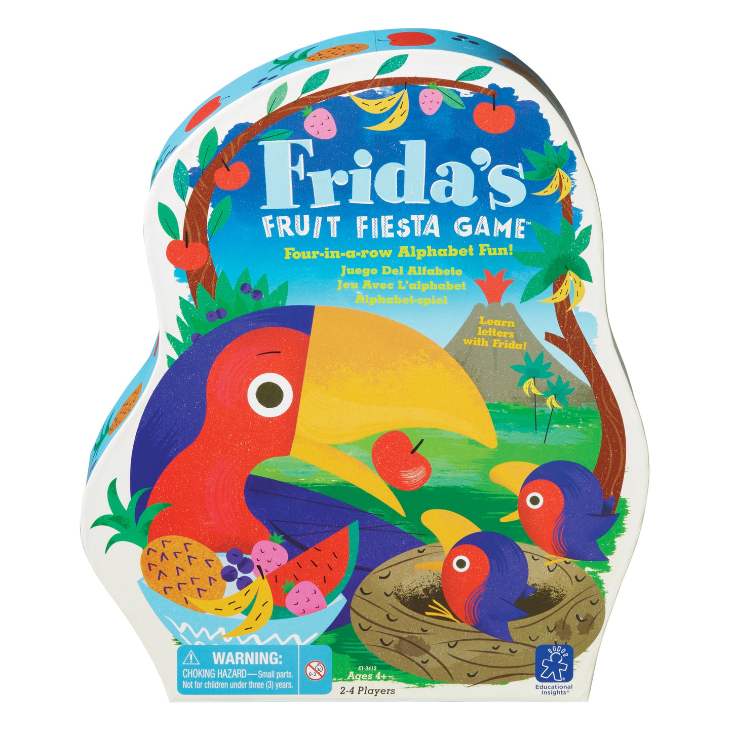 Frida's Fruit Fiesta Game box featuring colorful birds, fruits, and tree branches on white packaging, four-in-a-row alphabet learning game for ages 4+