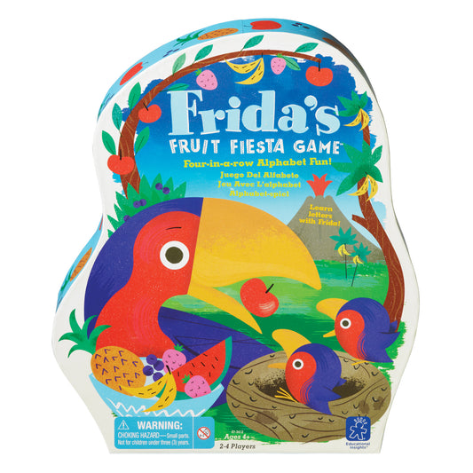 Frida's Fruit Fiesta Game box featuring colorful birds, fruits, and tree branches on white packaging, four-in-a-row alphabet learning game for ages 4+