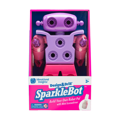 Design & Drill SparkleBot purple and pink robot toy with gear details and red wheels, shown in packaging