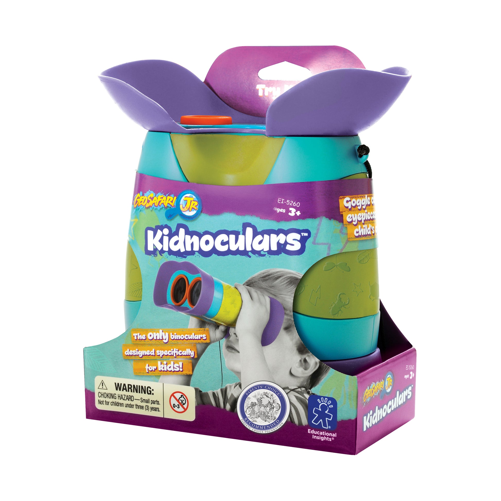 GeoSafari Jr. Kidnoculars colorful toy binoculars with purple, turquoise, yellow, and lime green segments in packaging