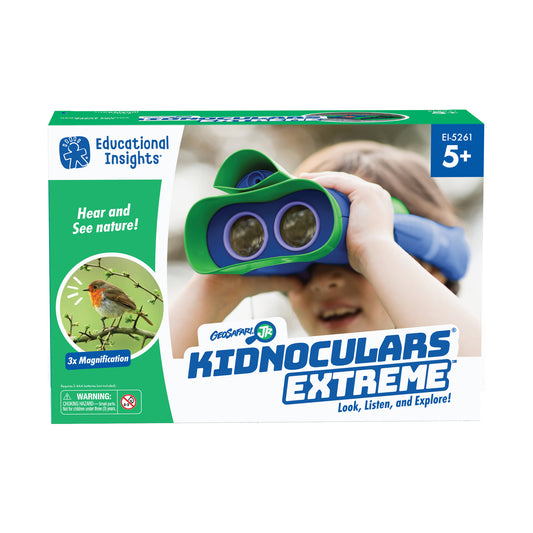 GeoSafari Jr. Kidnoculars Extreme binoculars with green and blue design, modeled by a child, featuring 3x magnification for nature exploration
