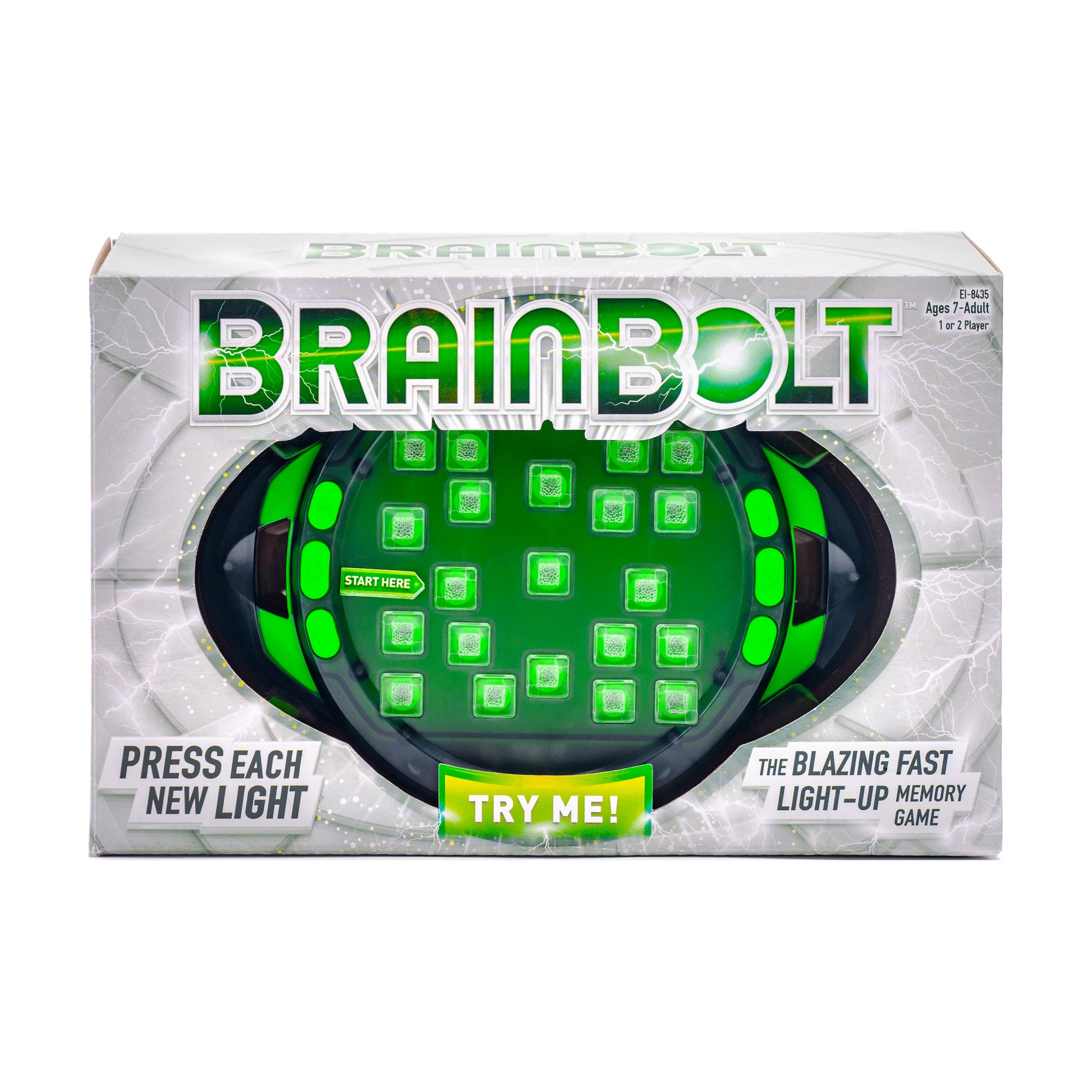 BrainBolt light-up memory game with black and neon green handheld device featuring illuminated button grid, packaged in retail box