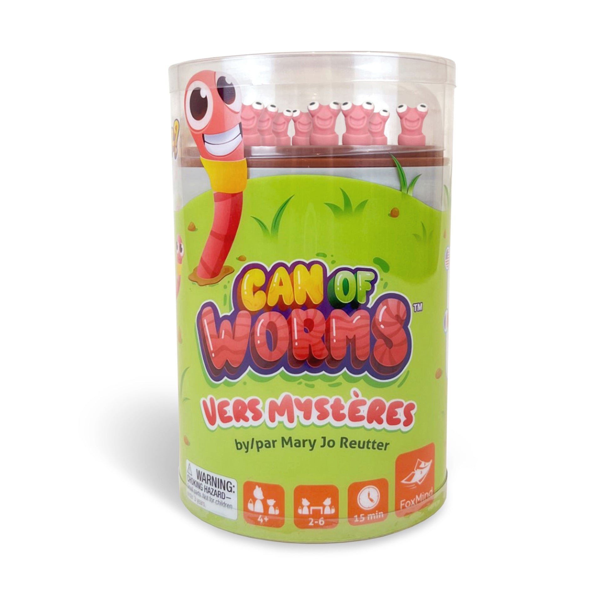 Can of Worms family memory game in cylindrical package with red worm character and pink worm pieces visible inside clear container