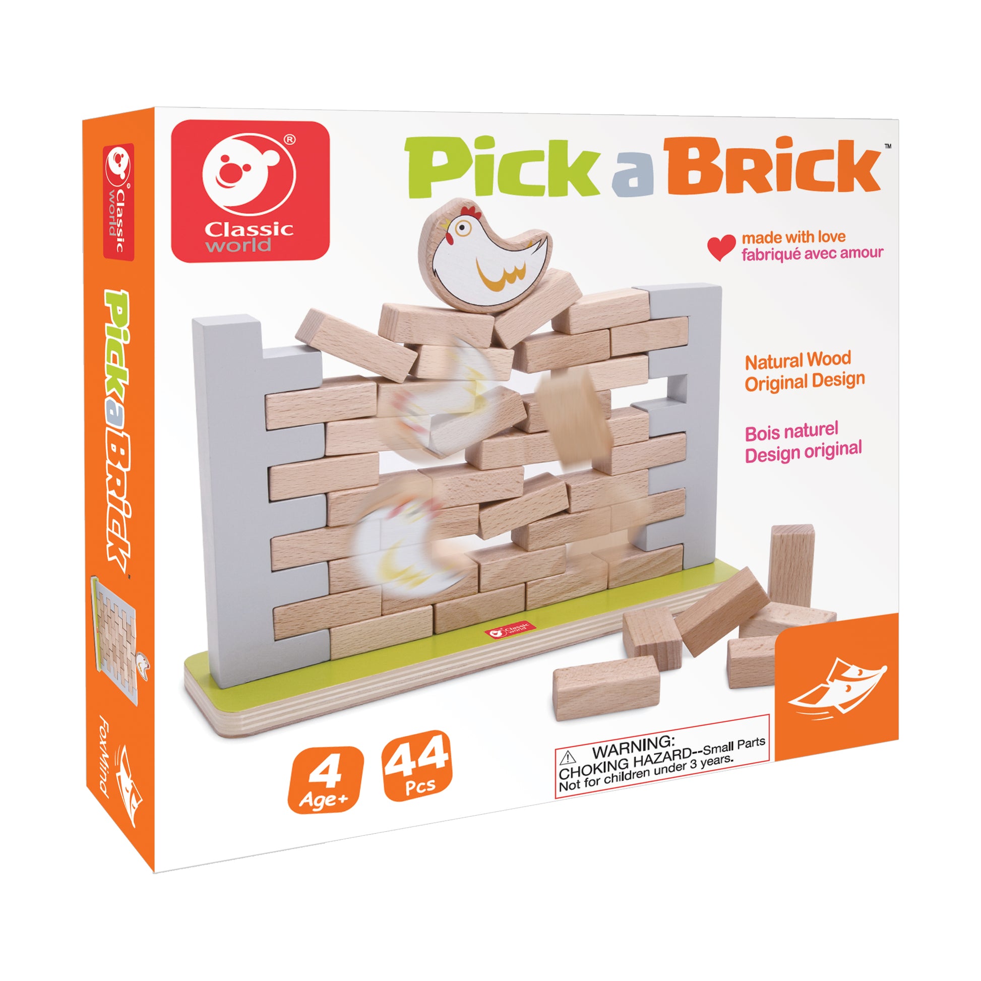 Pick a Brick wooden block game with white frame base, natural wood blocks, and hen character on top, 44 pieces, ages 4+