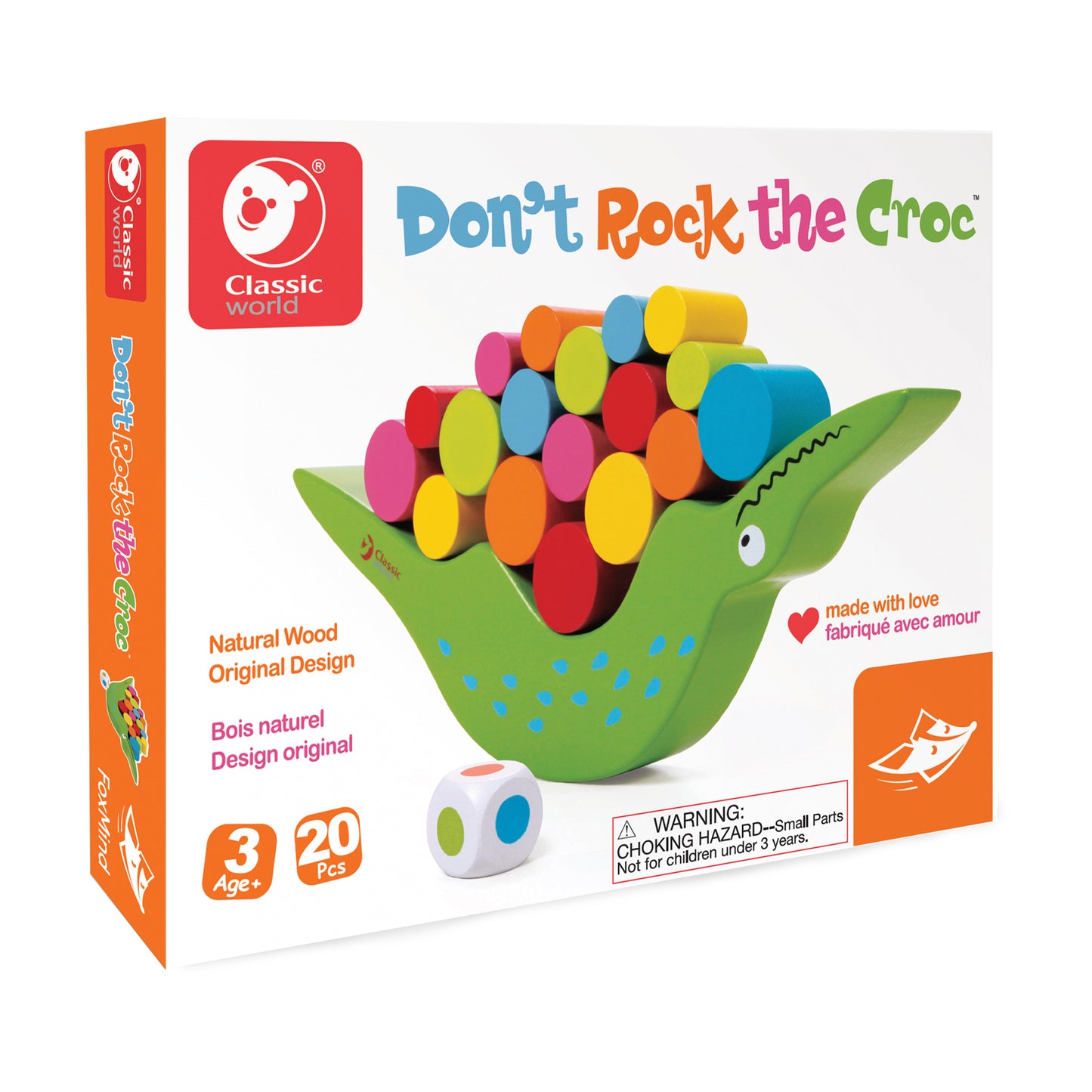 Don't Rock the Croc balance game box and contents showing green crocodile with colorful stacking pieces and dice