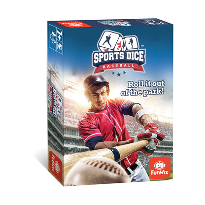 Sports Dice Baseball game box by FunWiz featuring baseball player in red uniform swinging bat