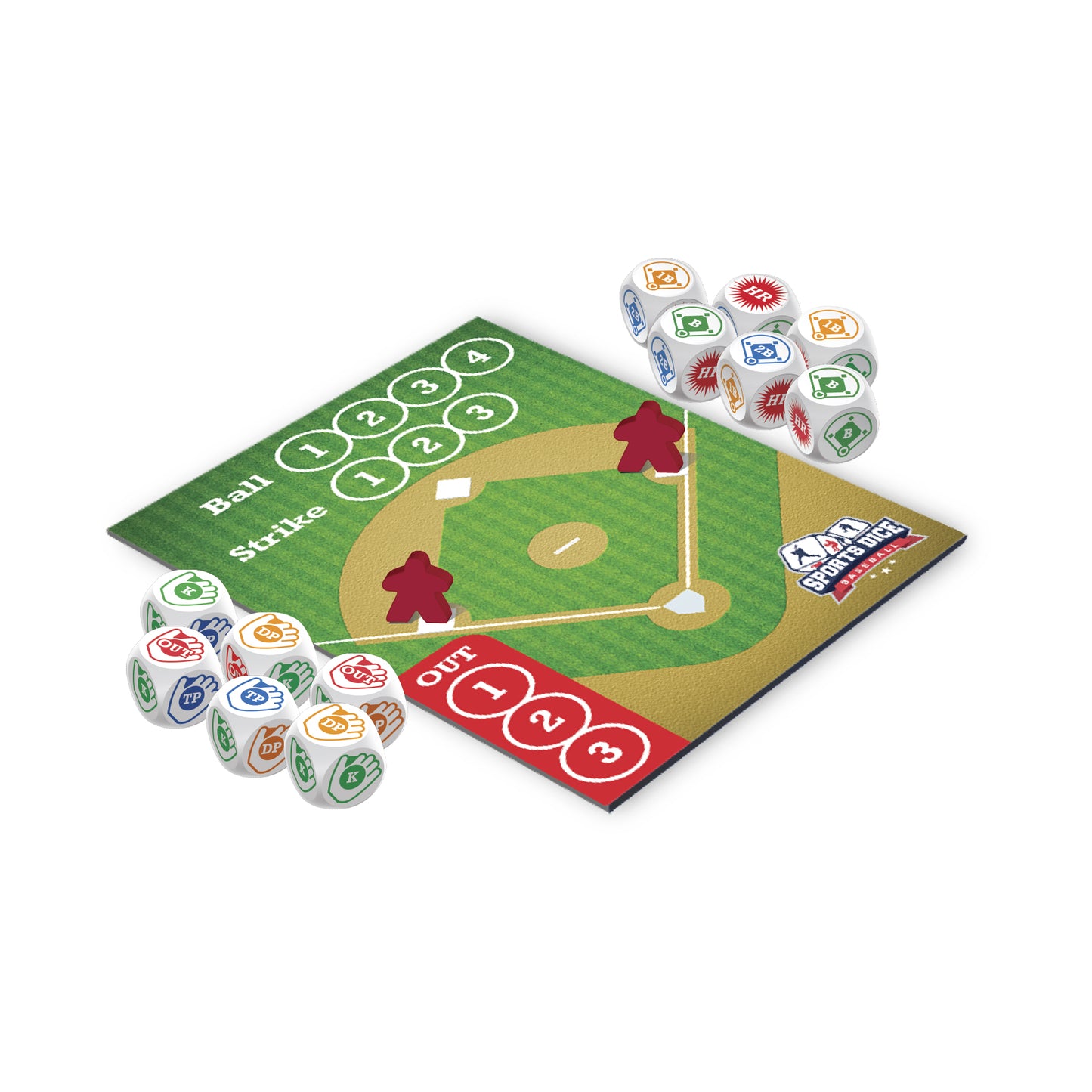 Sports Dice Baseball game with green field board, red game pieces, and colorful dice