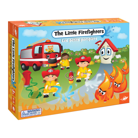The Little Firefighters board game box showing cartoon firefighter characters, a red fire truck, a house, fire hydrant, and animated flames on green grass