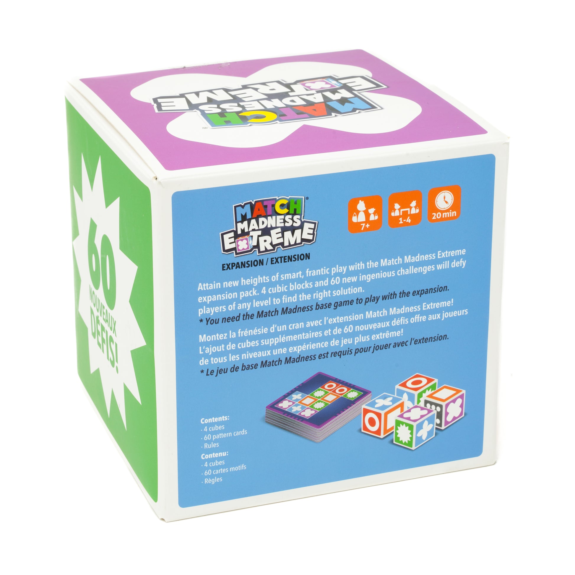 Match Madness Extreme Expansion pack with 4 cubes and 60 pattern cards