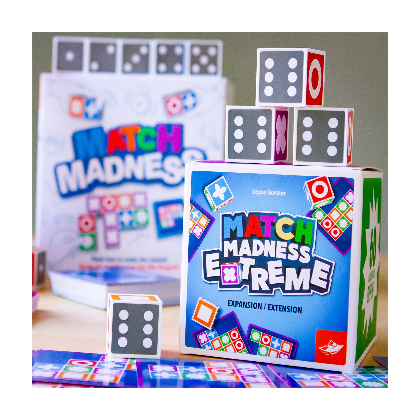 Match Madness Extreme Expansion game box with colorful dice and game pieces displayed