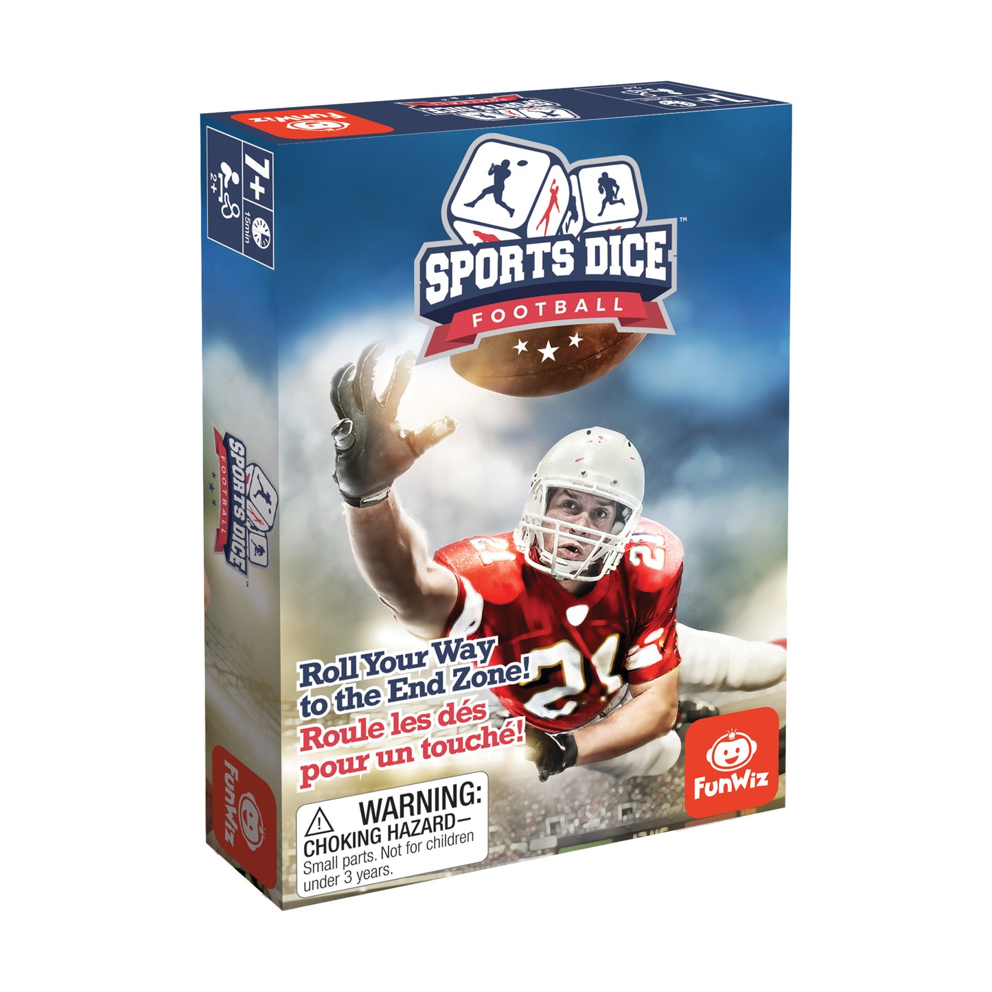 Sports Dice Football game box featuring a football player in red jersey catching a ball, with dice and "Roll Your Way to the End Zone" tagline