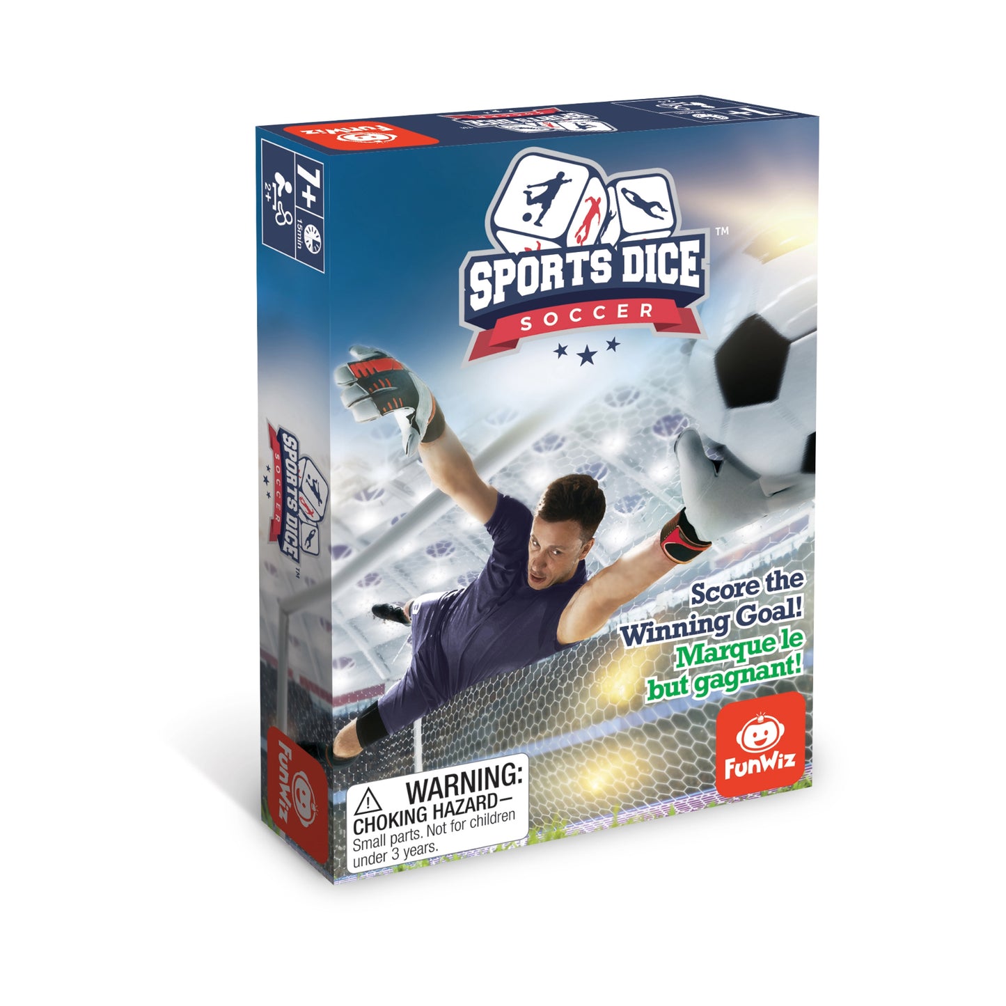 Sports Dice Soccer game box by FunWiz featuring goalkeeper making a save
