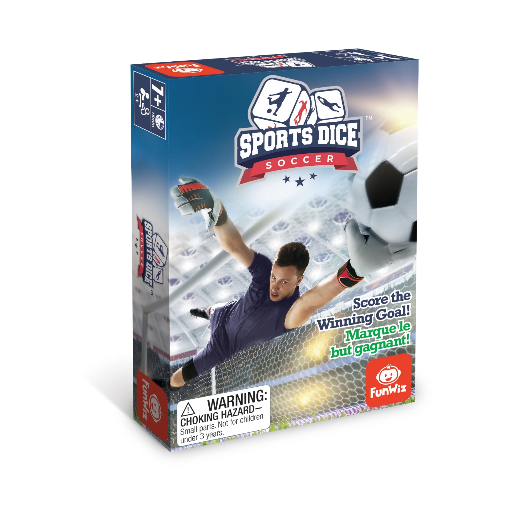 Sports Dice Soccer game box by FunWiz featuring goalkeeper making a save