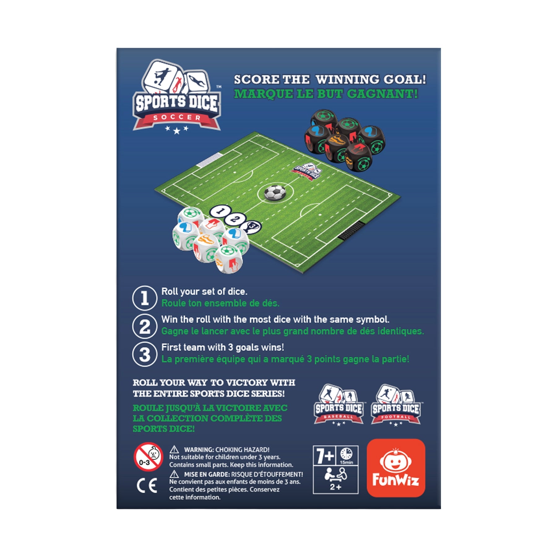 Sports Dice Soccer game box showing dice, soccer field, and game pieces on blue background